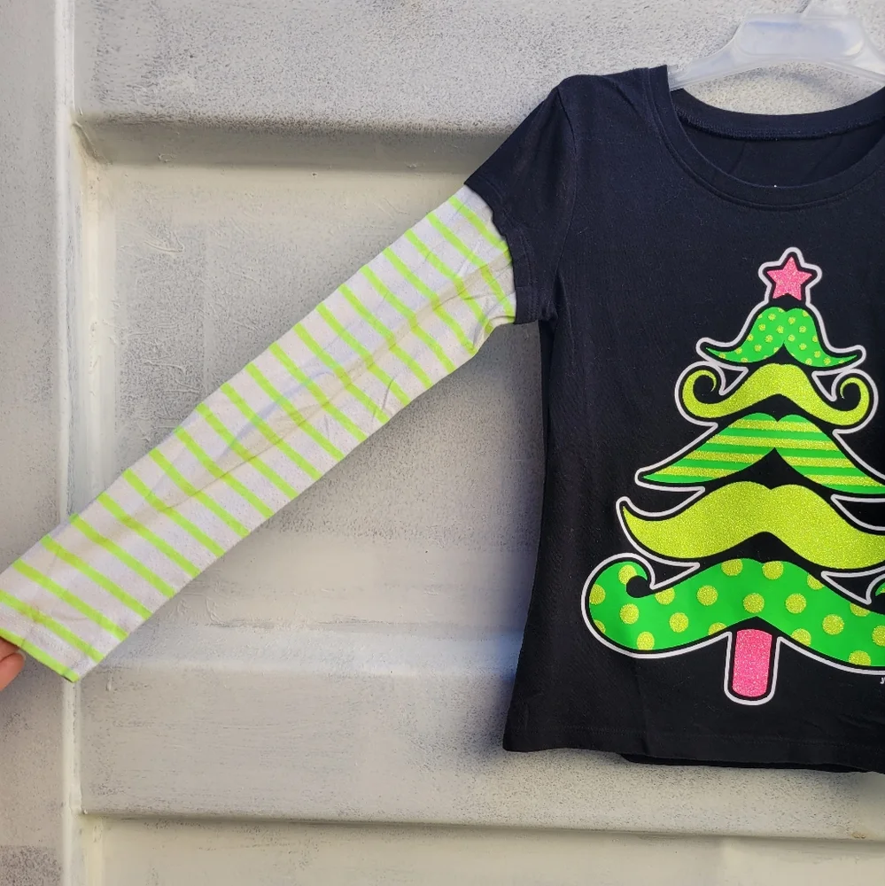 Justice mustache Christmas tree presents top shirt 6 glitter